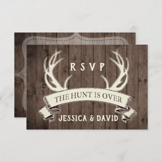 De jacht is over rustieke Barnwood bruiloft RSVP (Voorkant / Achterkant)