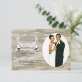 "De jacht is voorbij" Camo trouwfoto dank u Bedankkaart (Staand voorkant)