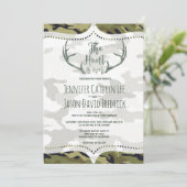 "De jacht is voorbij" Rustic Antler Camo Wedding Kaart (Staand voorkant)