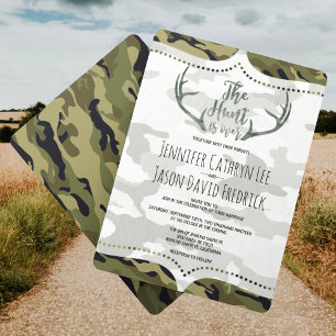 "De jacht is voorbij" Rustic Antler Camo Wedding Kaart
