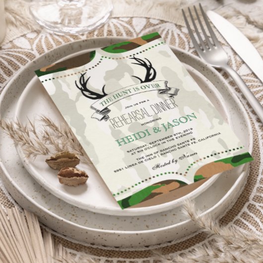 "De jacht is voorbij" Rustic Camo repesal Dinner Kaart