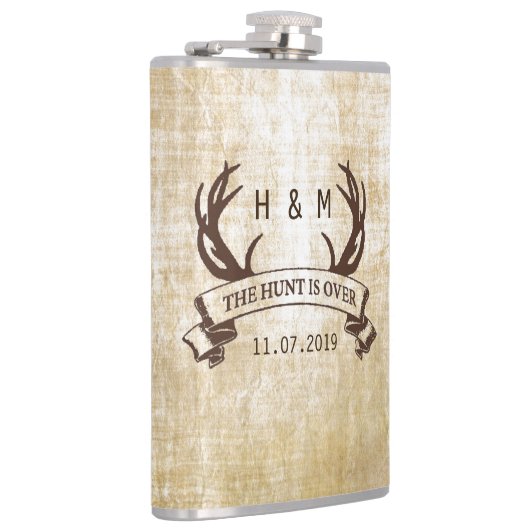 "De jacht is voorbij" rustieke aangepaste huwelijk Heupfles (Rechts)