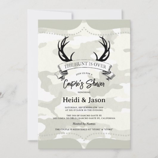 "De Jacht is Voorbij" Rustieke Camo Koppel Bruilof Kaart (Voorkant)