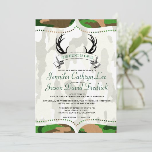 De jacht is voorbij rustieke camouflage bruiloft kaart (Staand voorkant)