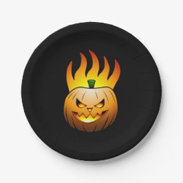 De Jack O'lantern is aangestoken en brandt fel Papieren Bordje