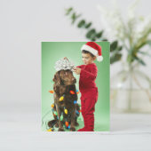 De jonge jongen het verpakken lichten van Kerstmis Feestdagenkaart (Staand voorkant)