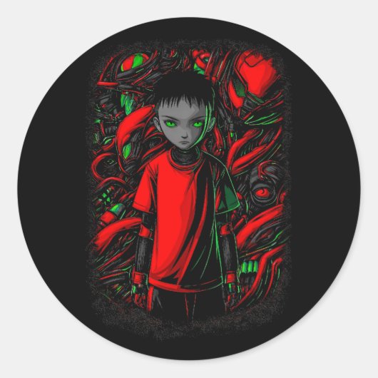 De Jongen en de Machines Ronde Sticker (Voorkant)