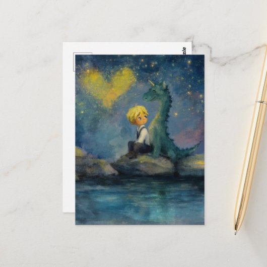 De jongen en zijn draak bij de vijver briefkaart (Voorkant / Achterkant in situ)