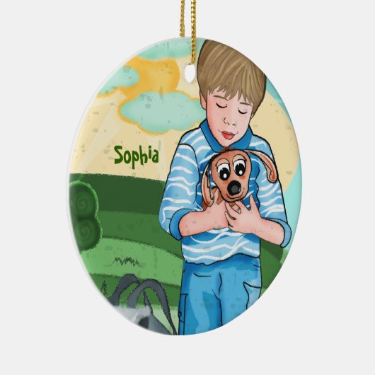 De jongen en zijn hond kinder versiering keramisch ornament (Rechts)