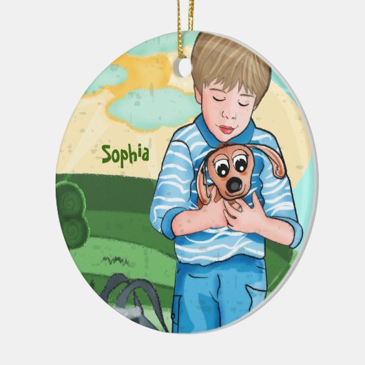 De jongen en zijn hond kinder versiering keramisch ornament (Links)