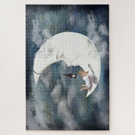 De jongen in de maan lezen legpuzzel (Verticaal)