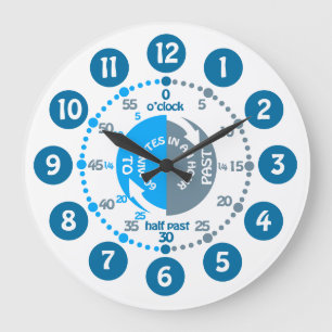 De jongens leren om tijd gedempte blauwe grijze grote klok