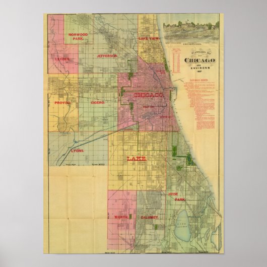 De kaart van Chicago en de omgeving van Blanchard Poster (Voorkant)