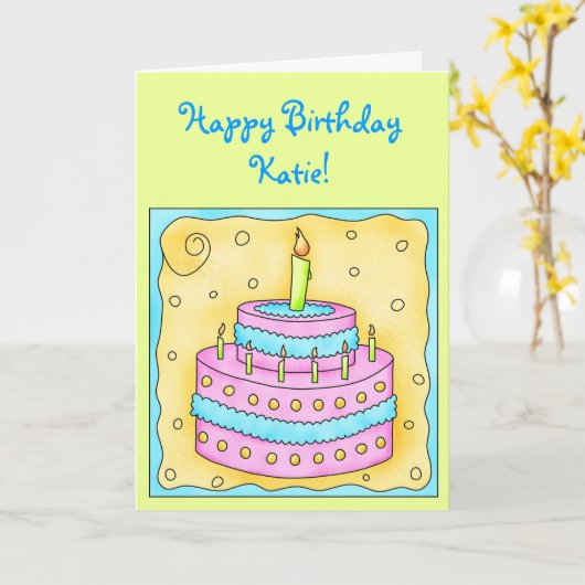 De Kaart van de verjaardag met Roze en Turkooise (Gele Bloem)