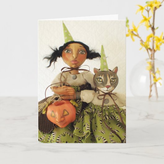 De Kaart van Halloween van het Meisje & van de Kat (Gele Bloem)