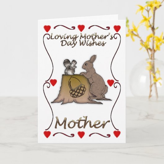 De kaart van het moederdag met eekhoorn en Konijn (Gele Bloem)