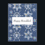 De Kaart van Starflake van de Chanoeka<br><div class="desc">Dit die ontwerp toont een patroon van sneeuwvlokken in de vorm van Jodensters wordt gemaakt. De grotere omvatten de motieven van de Chanoeka zoals dreidels, de lampen van de Chanoeka, en kaarsen. Het sneeuwvlokdesign integreert de motieven van de Chanoeka in zes-gerichte die sneeuwvlokvormen, tegen een nachthemel worden geplaatst met kleinere...</div>