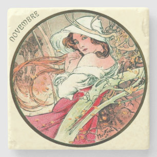 De Kalender November van Mucha van de Jugendstil Stenen Onderzetter