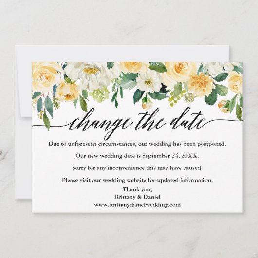 De kalligrafie verandert de Datum Gele Floral Kaar Save The Date (Voorkant)