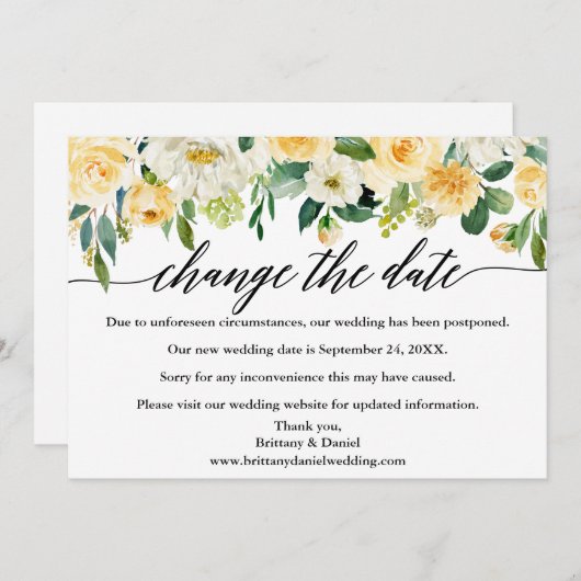 De kalligrafie verandert de Datum Gele Floral Kaar Save The Date (Voorkant / Achterkant)