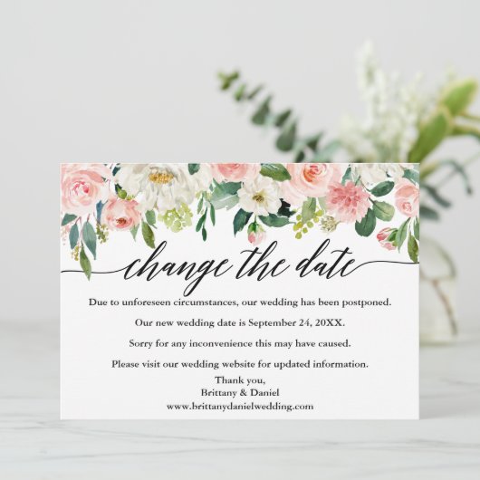 De kalligrafie verandert de Datum roze Floral Kaar Save The Date (Staand voorkant)