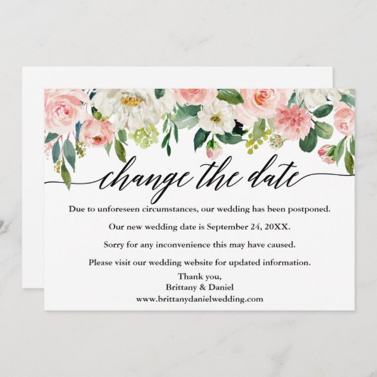 De kalligrafie verandert de Datum roze Floral Kaar Save The Date (Voorkant / Achterkant)