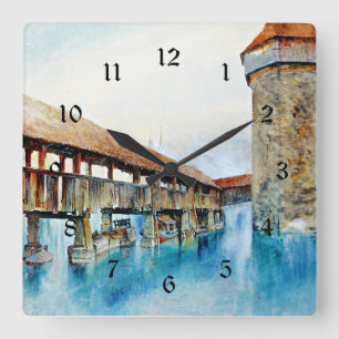De Kapellbrucke, fijn kunstschilderij, Vierkante Klok