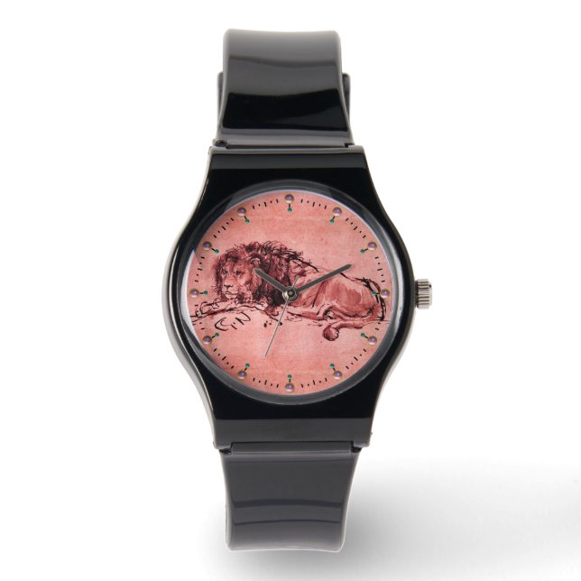 DE KAPITEIN LION LYING DOWN, Antiek roze rood Horloge (Voorkant)