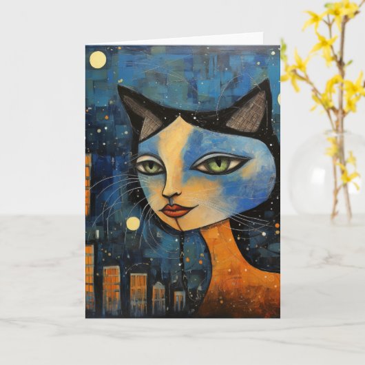 De kat bij nacht in de stad Mixed Media Collage Kaart (Gele Bloem)