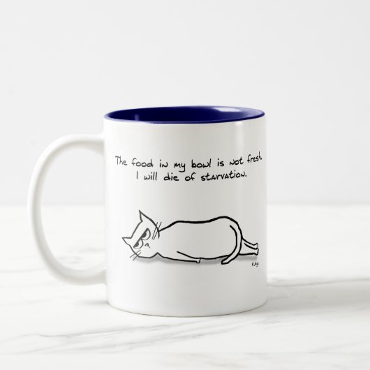 De kat eist vers voedsel - Funny Cat Gift Tweekleurige Koffiemok (Links)