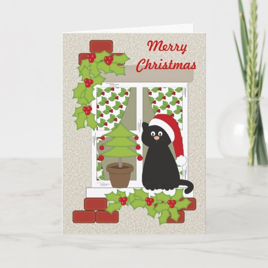 De Kat en het Venster van Kerstmis Feestdagen Kaart (Voorkant)