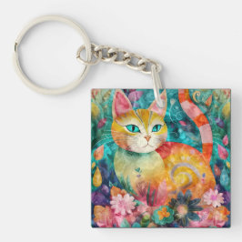 De kat met opvallende groene ogen in de bloementui sleutelhanger