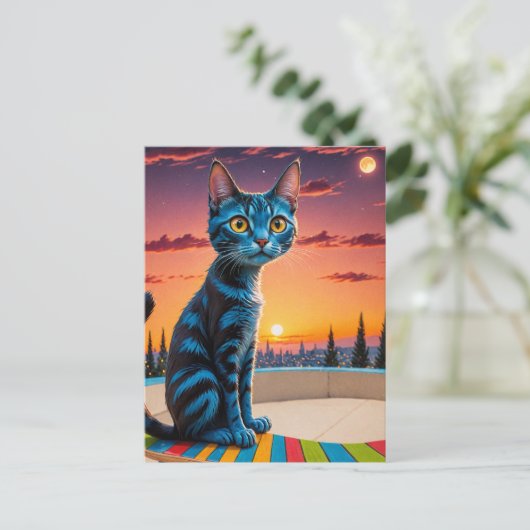 De kat op een skateboard briefkaart (Staand voorkant)