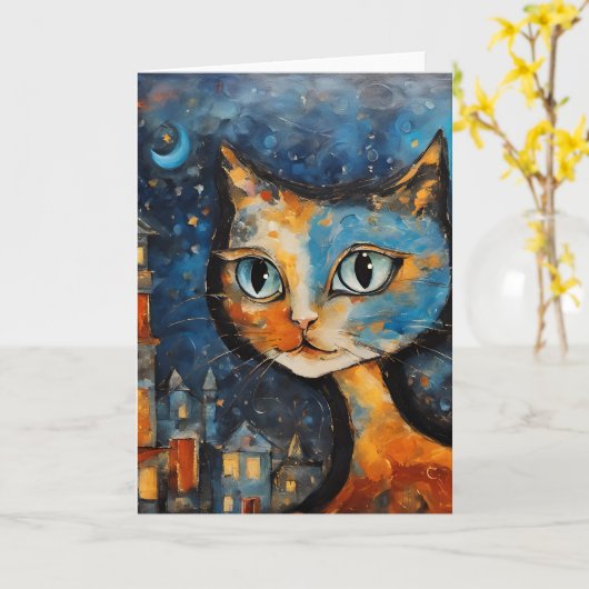 De kat 's nachts in de stad kaart (Gele Bloem)