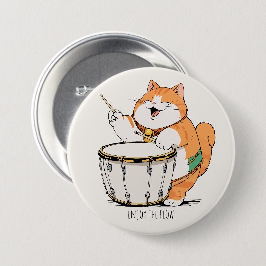 De kat speelt de trommel ronde button 7,6 cm (Voorkant /achterkant)