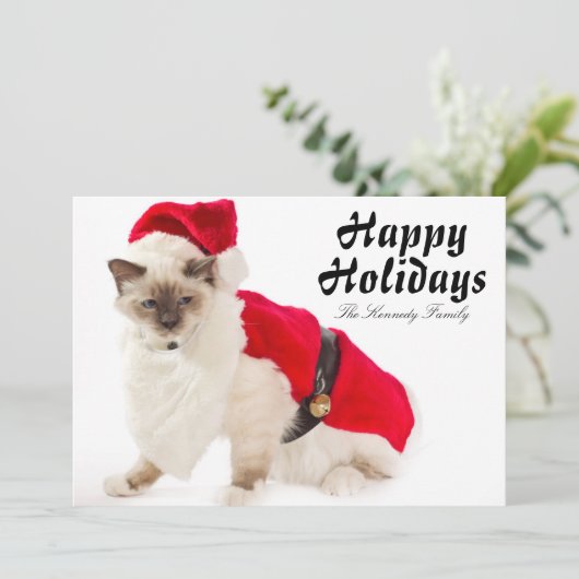 De Kat van Birman in het Kostuum van de Kerstman Feestdagenkaart (Staand voorkant)