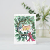 De Kat van de Kroon van Kerstmis, sumi-E Feestdagenkaart (Staand voorkant)