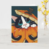 De Kat van de smoking in de Pompoen van Halloween Kaart (Gele Bloem)