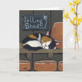 De Kat van het calico in Potting wierp Wenskaart Kaart (Gele Bloem)