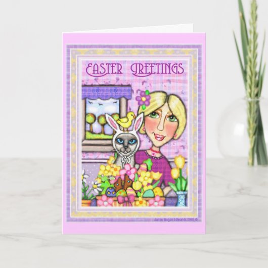 De Kat van Pasen in Mand & Dame Wenskaart Feestdagen Kaart (Voorkant)
