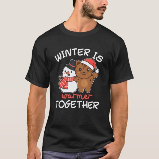 De kat Winter is warmer samen Snowman Snow T-shirt (Voorkant)