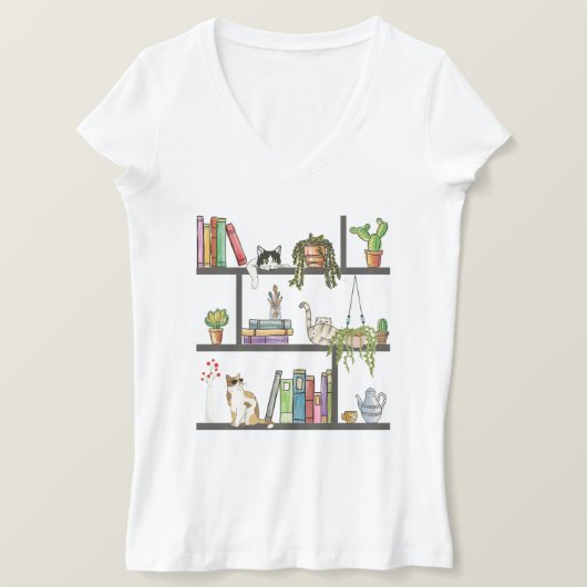 De katten die op een boekenplank, Kat en Boeken li T-shirt (Design voorkant)