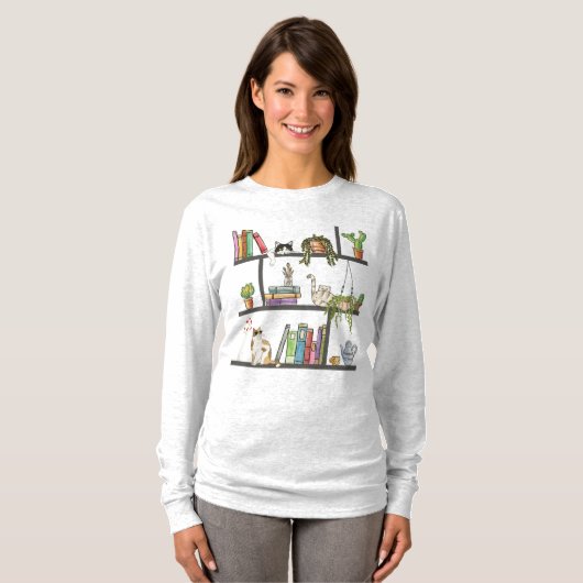 De katten die op een boekenplank, Kat en Boeken li T-shirt (Voorkant volledig)