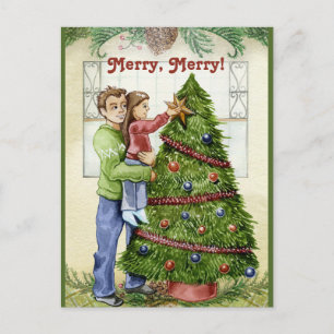 De kerstboom decorteren met papa Briefkaart