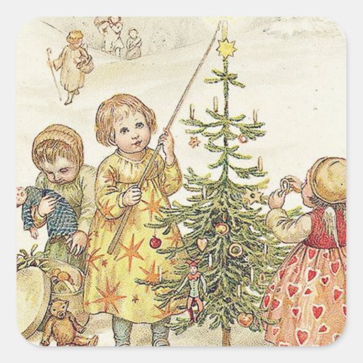 De kerstboom decorteren vierkante sticker (Voorkant)