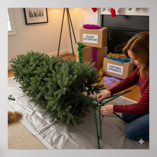 De kerstboom op zijn stand zetten poster (Voorkant)