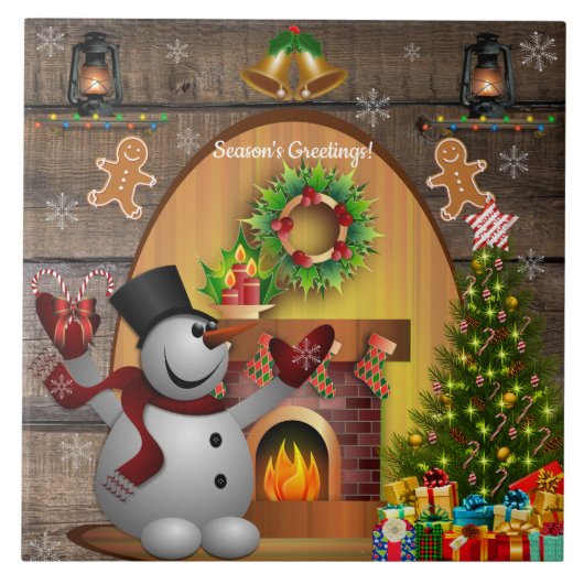 De kerstboom van de Snowman Fireplace bevroeren Tegeltje (Voorkant)