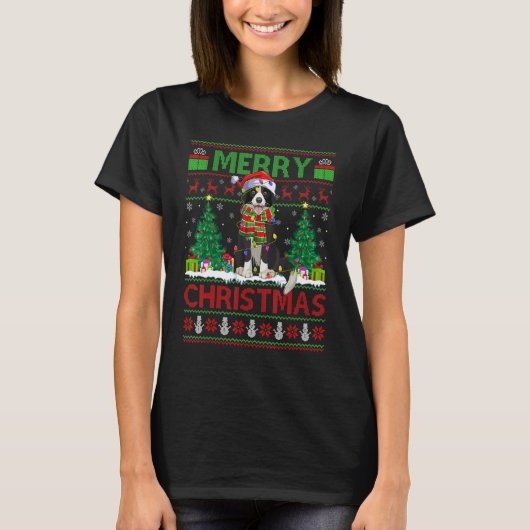 De kerstboom verlicht de Ugly Santa Border Collie  T-shirt (Voorkant)