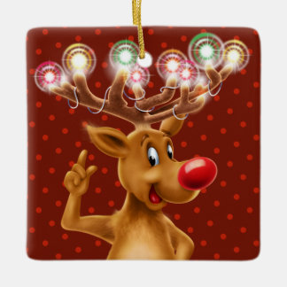 De kerstboomversiering Rudolph verlicht. Keramisch Ornament