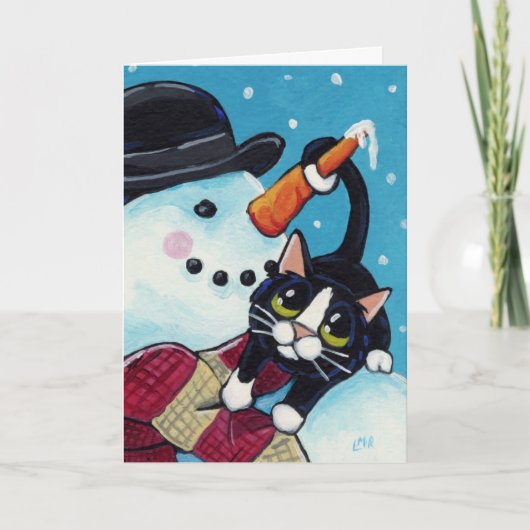De Kerstkaart van de Sneeuwman van de Kat en van Feestdagen Kaart (Voorkant)